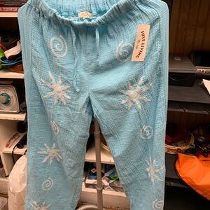 Just Living Turquoise Trousers with Ivory Stitching